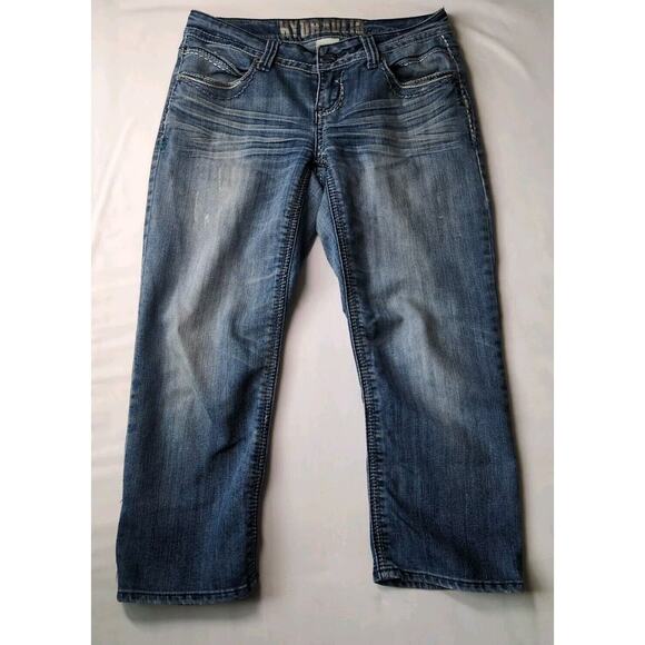Hydraulic Jeans Capri Stretch Women's SZ 5/6‎ Blue Denim Distressed Thick Stitch - Picture 1 of 8